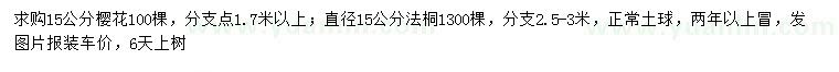 求购15公分樱花、法桐