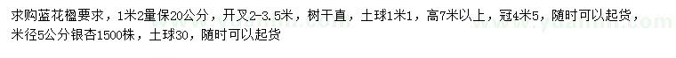 求购1.2米量保20公分蓝花楹、米径5公分银杏