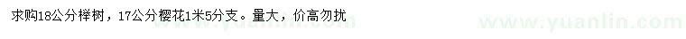 求购18公分榉树、17公分樱花