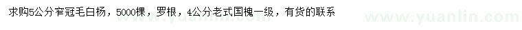 求购5公分窄冠毛白杨、4公分老式国槐