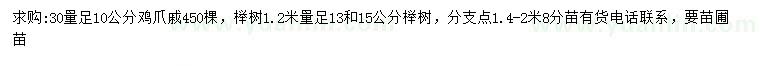 求购30量10公分鸡爪槭、1.2米量13、15公分榉树