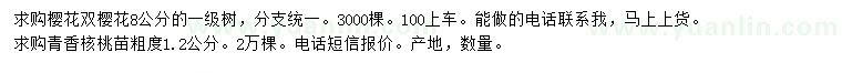 求购8公分樱花、1.2公分青香核桃苗
