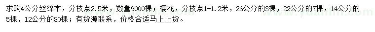 求购4公分丝绵木、12、14、22、26公分樱花