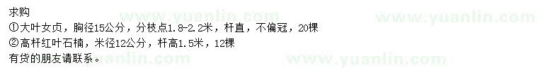 求购胸径15公分大叶女贞、米径12公分高杆红叶石楠