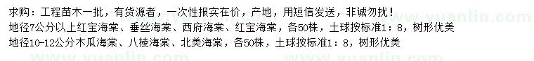 求购红宝海棠、垂丝海棠、西府海棠等