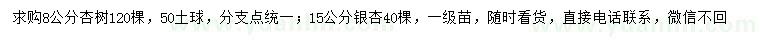 求购8公分杏树、15公分银杏