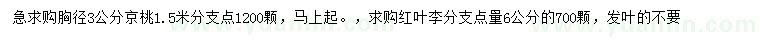 求购胸径3公分京桃、6公分红叶李