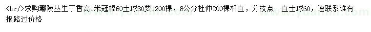 求购高1米丛生丁香、8公分杜仲