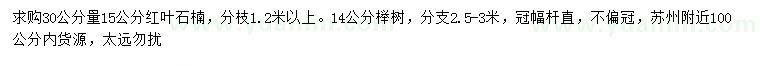 求购30量15公分红叶石楠、14公分榉树