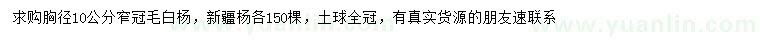 求购10公分窄冠毛白杨、新疆杨