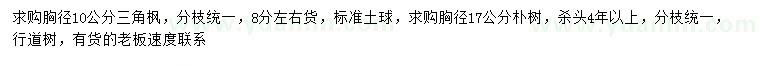 求购胸径10公分三角枫、17公分朴树