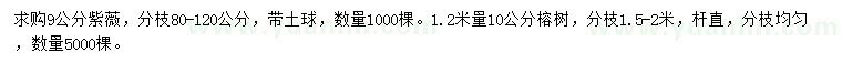 求购9公分紫薇、1.2米量10公分榕树