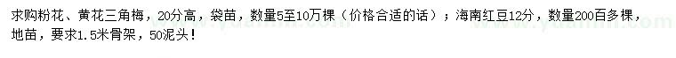 求购高20公分三角梅、12公分海南红豆