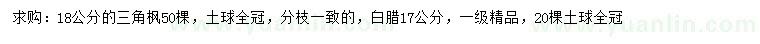 求购18公分三角枫、17公分白腊