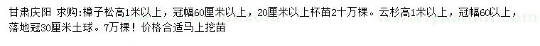 求购高1米以上樟子松、云杉