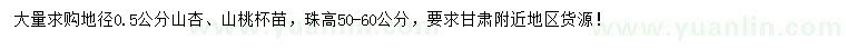 求购地径0.5公分山杏、山桃