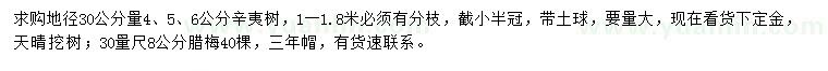 求购地径30公分量4、5、6公分辛夷树、30量尺8公分腊梅