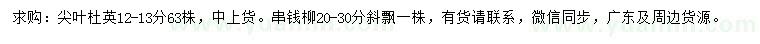 求购12-13公分尖叶杜英、20-30公分串钱柳