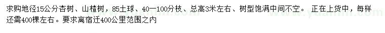 求购地径15公分杏树、山楂树