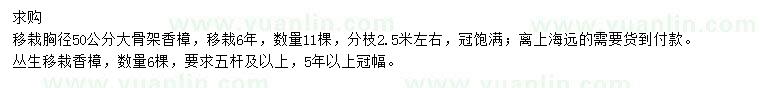 求购胸径50公分大骨架香樟、丛生移栽香樟