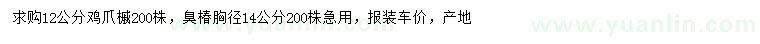 求购12公分鸡爪槭、胸径14公分臭椿