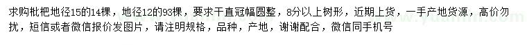 求购地径12、15公分枇杷树