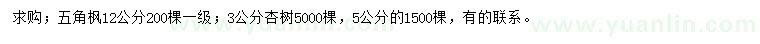 求购12公分五角枫、3、5公分杏树