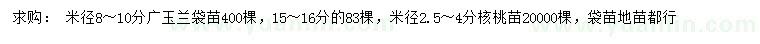 求购米径8-10、15-16公分广玉兰、米径2.5-4公分核桃苗