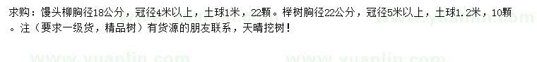 求购胸径18公分馒头柳、胸径22公分榉树