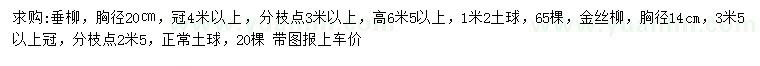 求购胸径20公分垂柳、14公分金丝柳