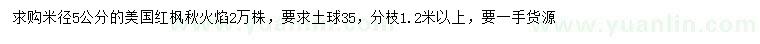 求购米径5公分美国红枫秋火焰