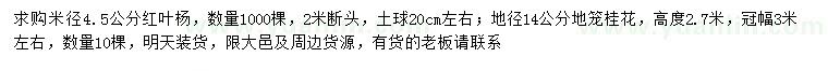 求购米径4.5公分红叶杨、地径14公分地笼桂花