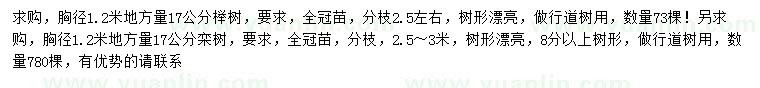 求购胸径1.2米量17公分榉树、栾树