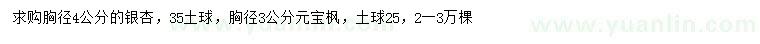 求购胸径4公分银杏、3公分元宝枫