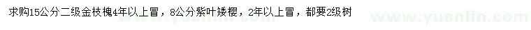 求购15公分金枝槐、8公分紫叶矮樱