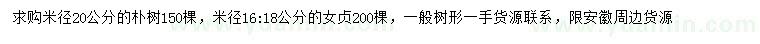 求购米径20公分朴树、16、18公分女贞