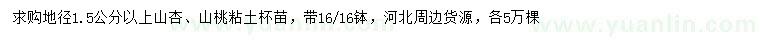 求购地径1.5公分以上山杏、山桃