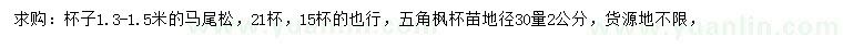 求购1.3-1.5米马尾松杯苗、30量2公分五角枫