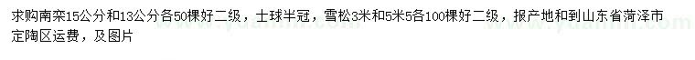 求购13、15公分南栾、3、5.5米雪松