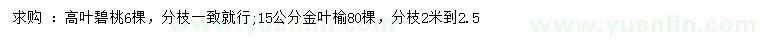 求购高叶碧桃、15公分金叶榆