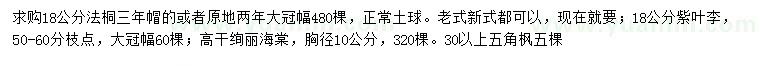 求购法桐、紫叶李 、绚丽海棠等