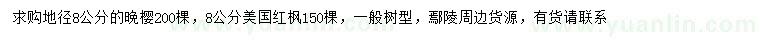 求购地径8公分晚樱、美国红枫