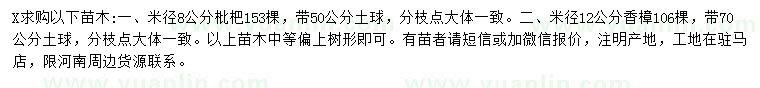 求购米径8公分枇杷、米径12公分香樟