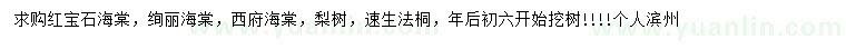 求购红宝石海棠、绚丽海棠、西府海棠等