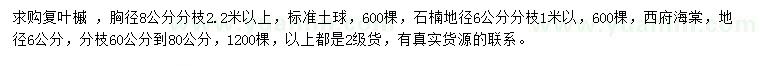 求购复叶槭、石楠、西府海棠