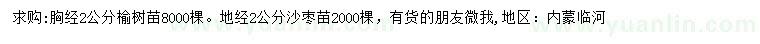 求购胸径2公分榆树、地径2公分沙枣