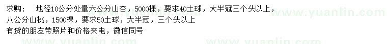 求购地径10公分处量6公分山杏、8公分山桃