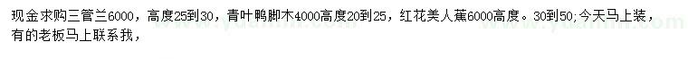 求购山管兰、青叶鸭脚木、红花美人蕉