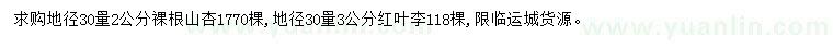 求购30量2公分山杏、红叶李