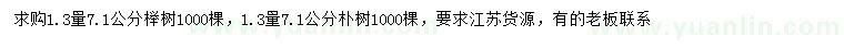 求购1.3量7.1公分榉树、朴树